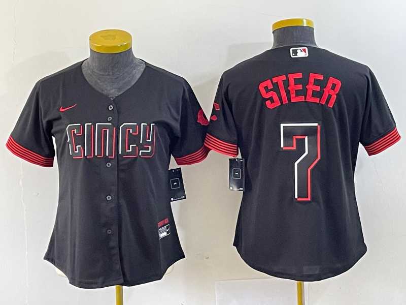 Womens Cincinnati Reds #7 Spencer Steer Black 2023 City Connect Cool Base Stitched Baseball Jersey->mlb womens jerseys->MLB Jersey